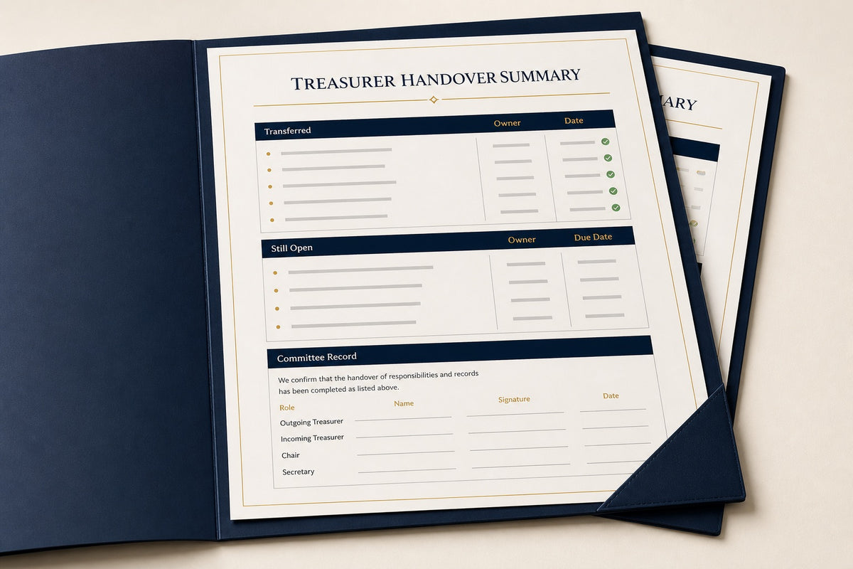 One-page Board-Ready Treasurer Handover Summary