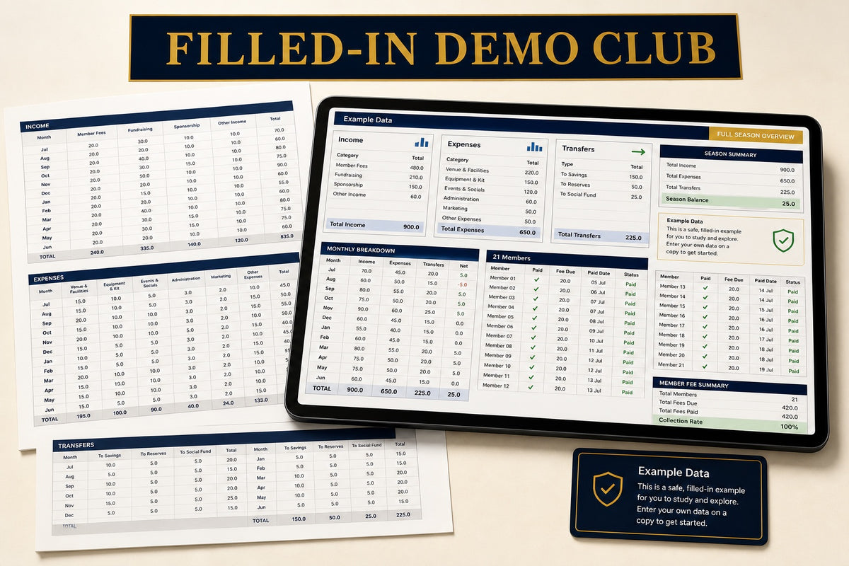 Filled-in Demo Club workbook with anonymous example data
