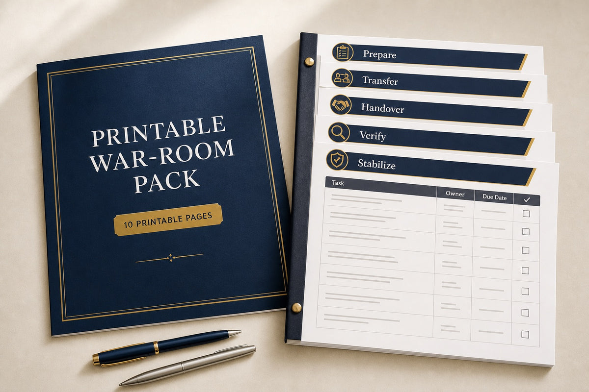 Printable War-Room Pack with ten handover checklist pages