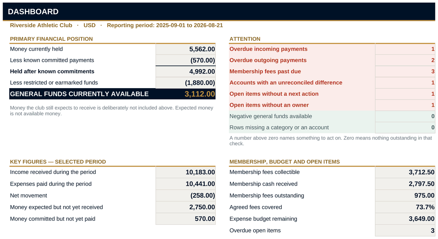 Real Club Money Manager screen with anonymous demo data